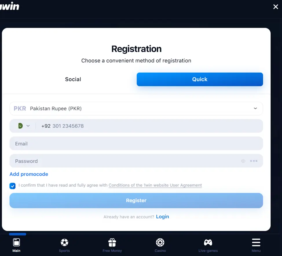 1win mobile app registration